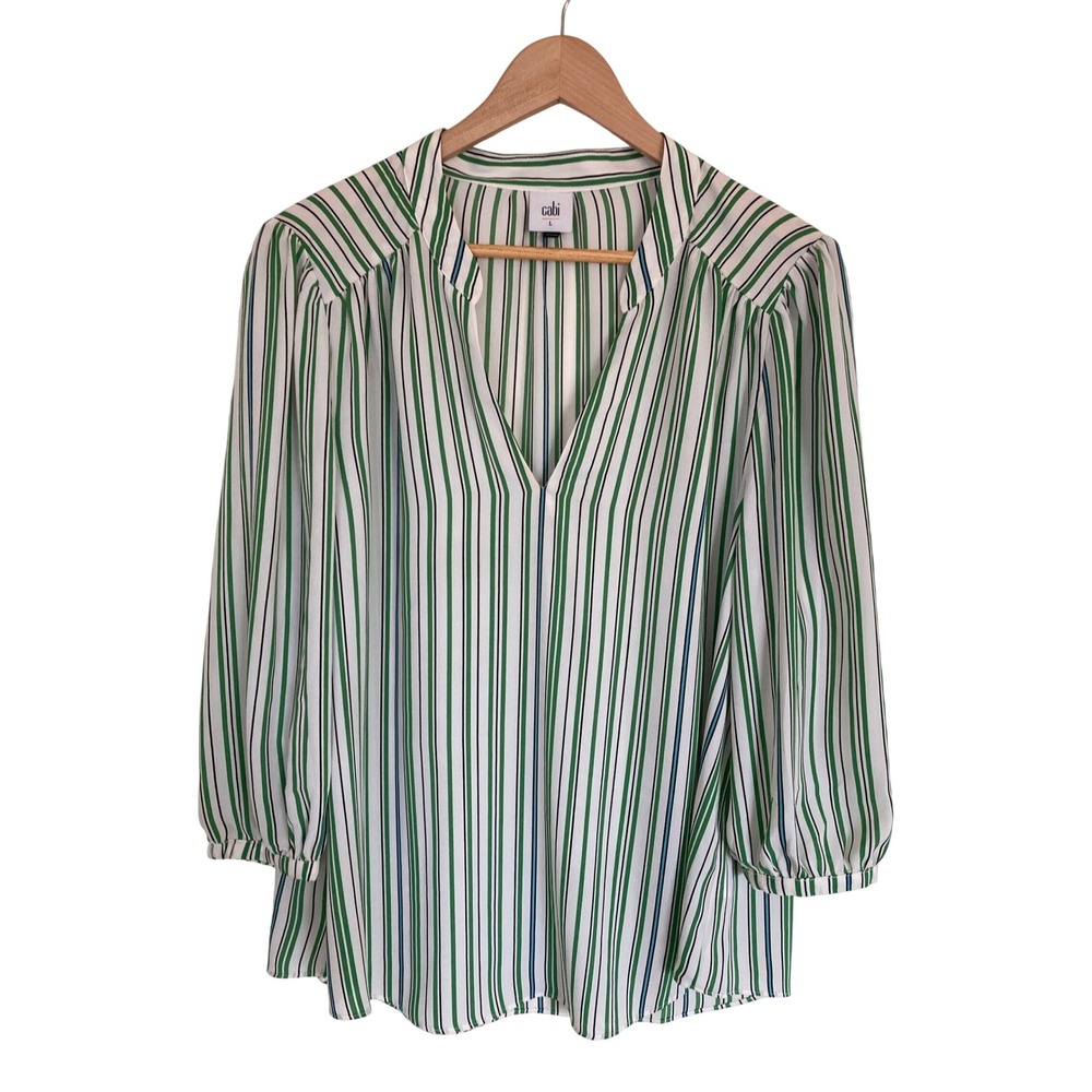 Cabi 5893 Green White Striped V-Neck Blouse 3/4 Sleeve Top Large Office Classic